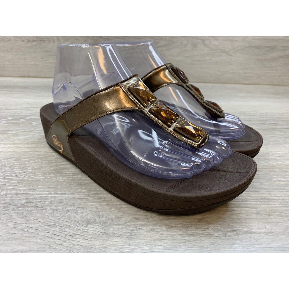FitFlop Pietra Bronze Metallic Gem Thong Sandals Microwobbleboard Women's 7